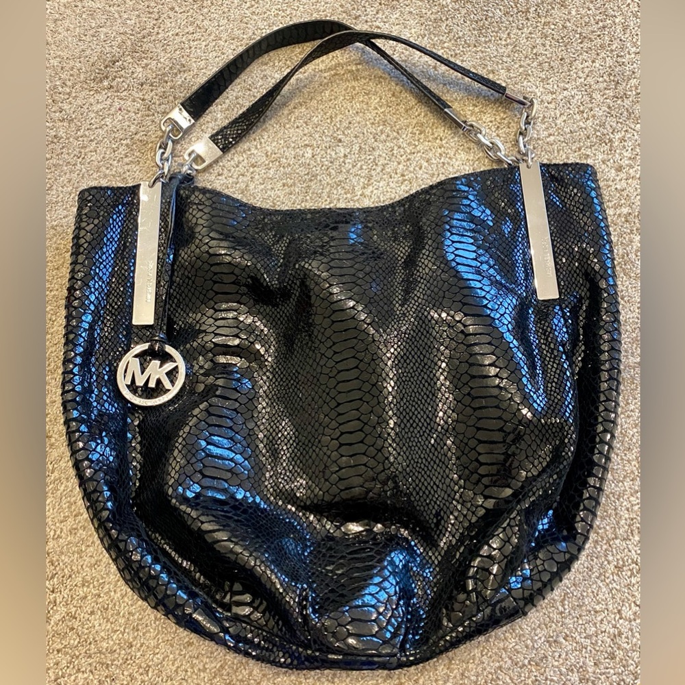 Michael Kors Black Snakeskin Shoulder Bag with Silver Accents